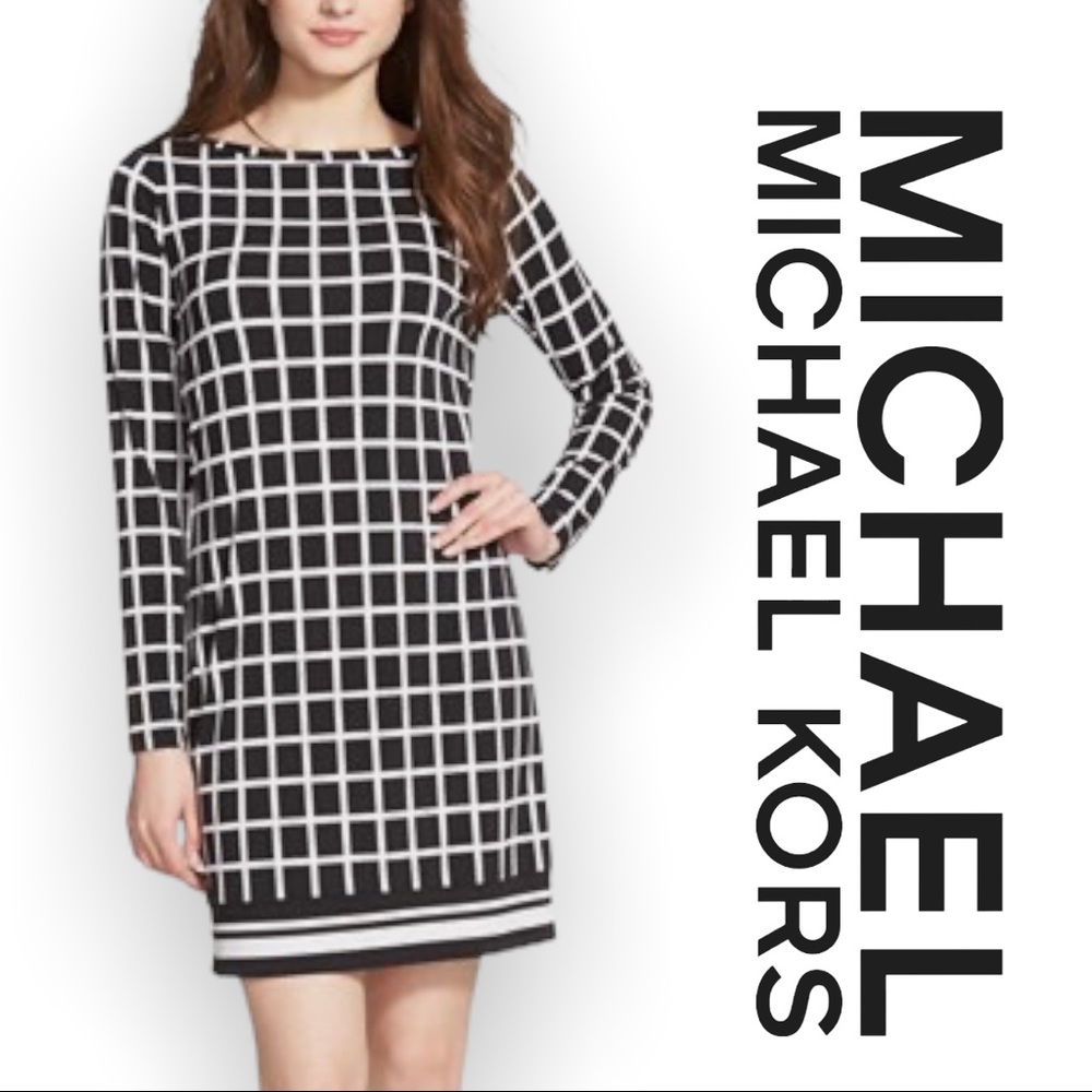 MICHAEL KORS Checkered Print Long Sleeve Jersey Sheath Dress sz S